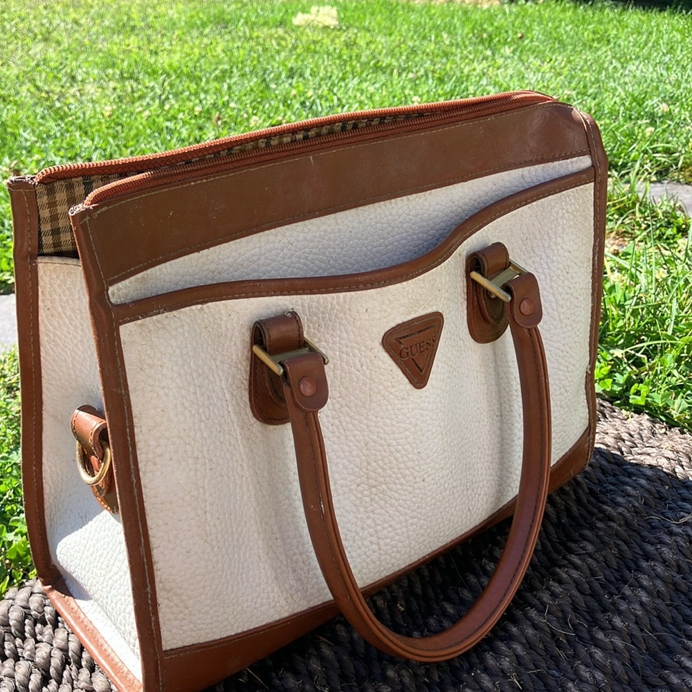 Vintage Guess Tan and Cream Tote Bag